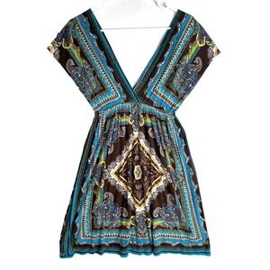 Indie Sleaze Teal Paisley Festival Overlay Boho Plunge Tunic Dress Womens S M